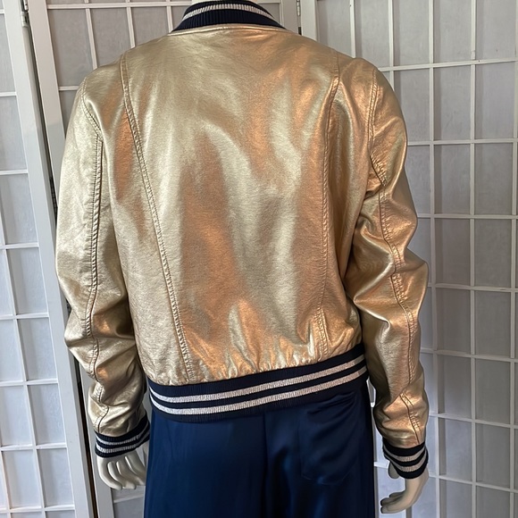 Gold Faux Leather Baseball Jacket Sz L - Picture 2 of 5